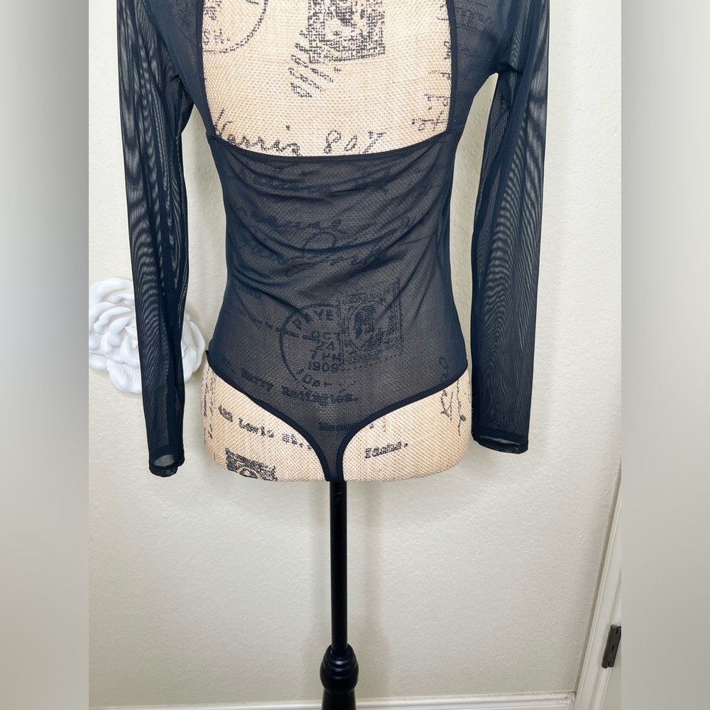 NTM: Auden Black Sheer Long Sleeve Thong Back Pullover Style Bodysuit Sz Medium - Picture 12 of 16
